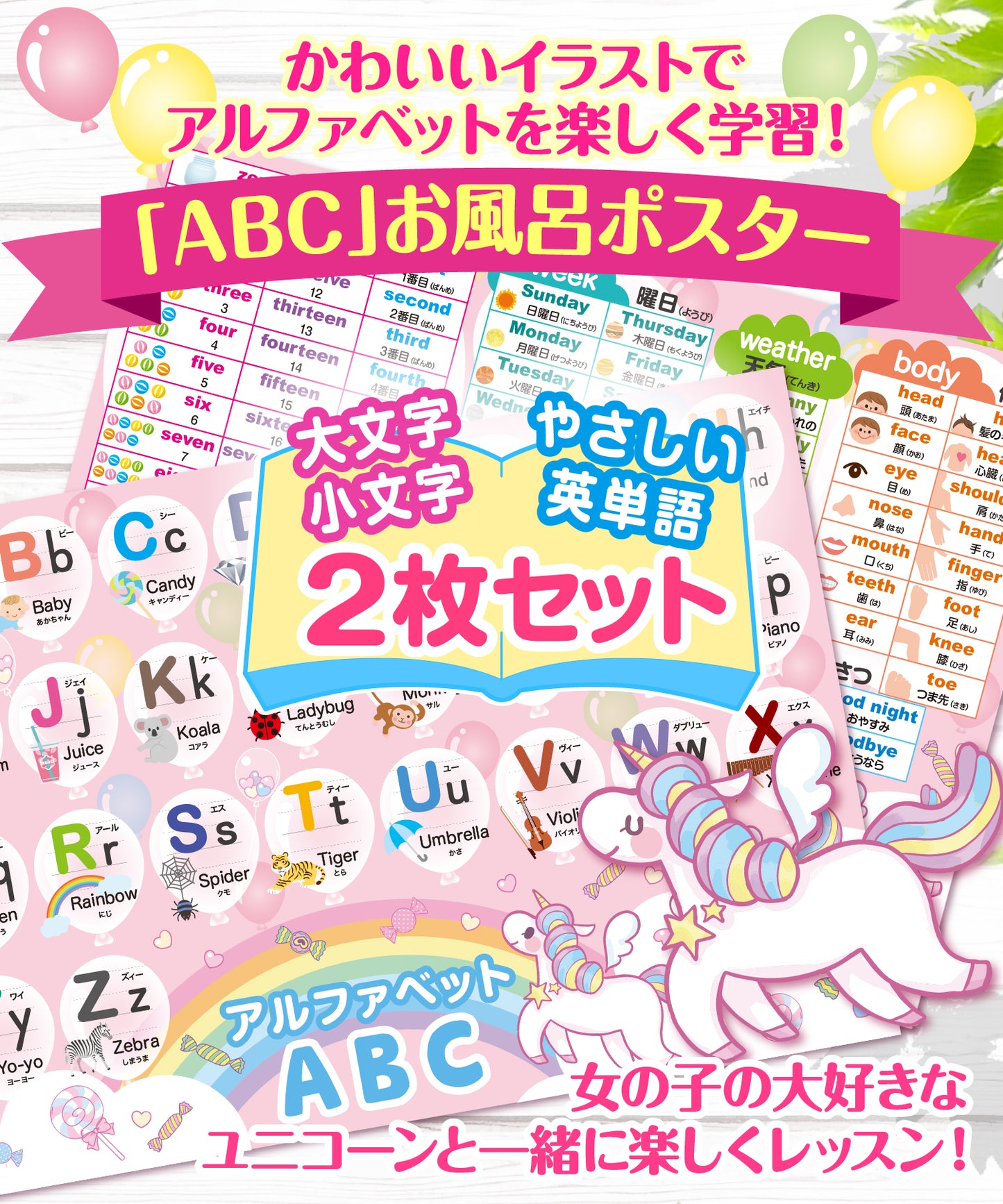 アルファベット表 お風呂ポスター 2枚セット ユニコーンデザイン