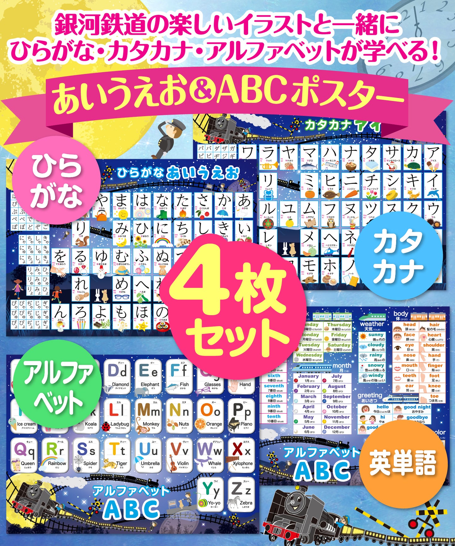 ひらがな&カタカナ&アルファベット お風呂ポスター 4枚セット 銀河鉄道デザイン