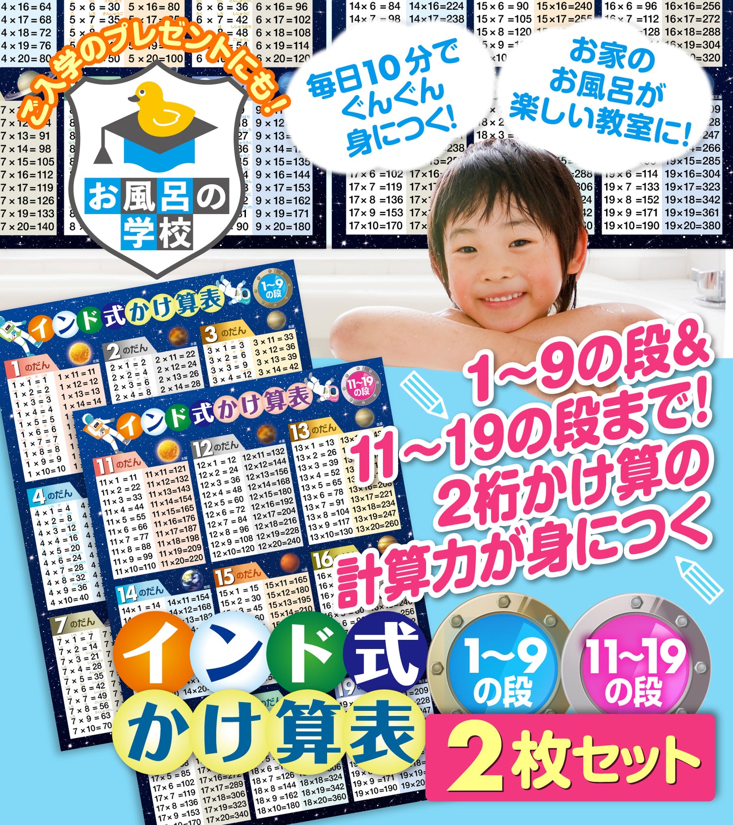 インド式かけ算表 1〜9の段&11〜19の段 お風呂ポスター2枚セット(宇宙デザイン)