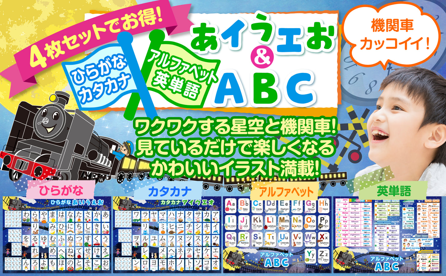 ひらがな&カタカナ&アルファベット お風呂ポスター 4枚セット 銀河鉄道デザイン