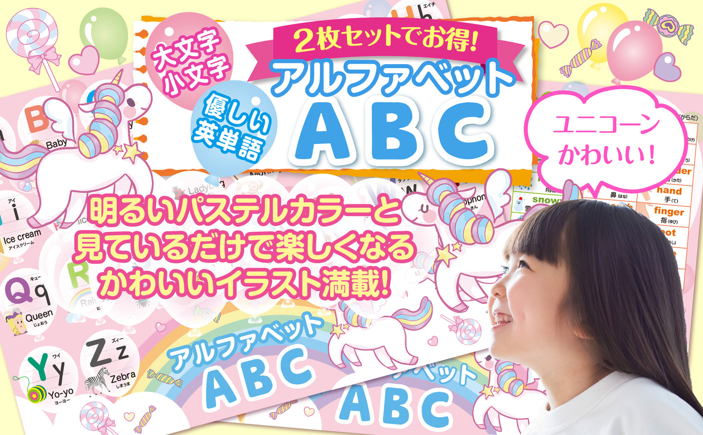 アルファベット表 お風呂ポスター 2枚セット ユニコーンデザイン