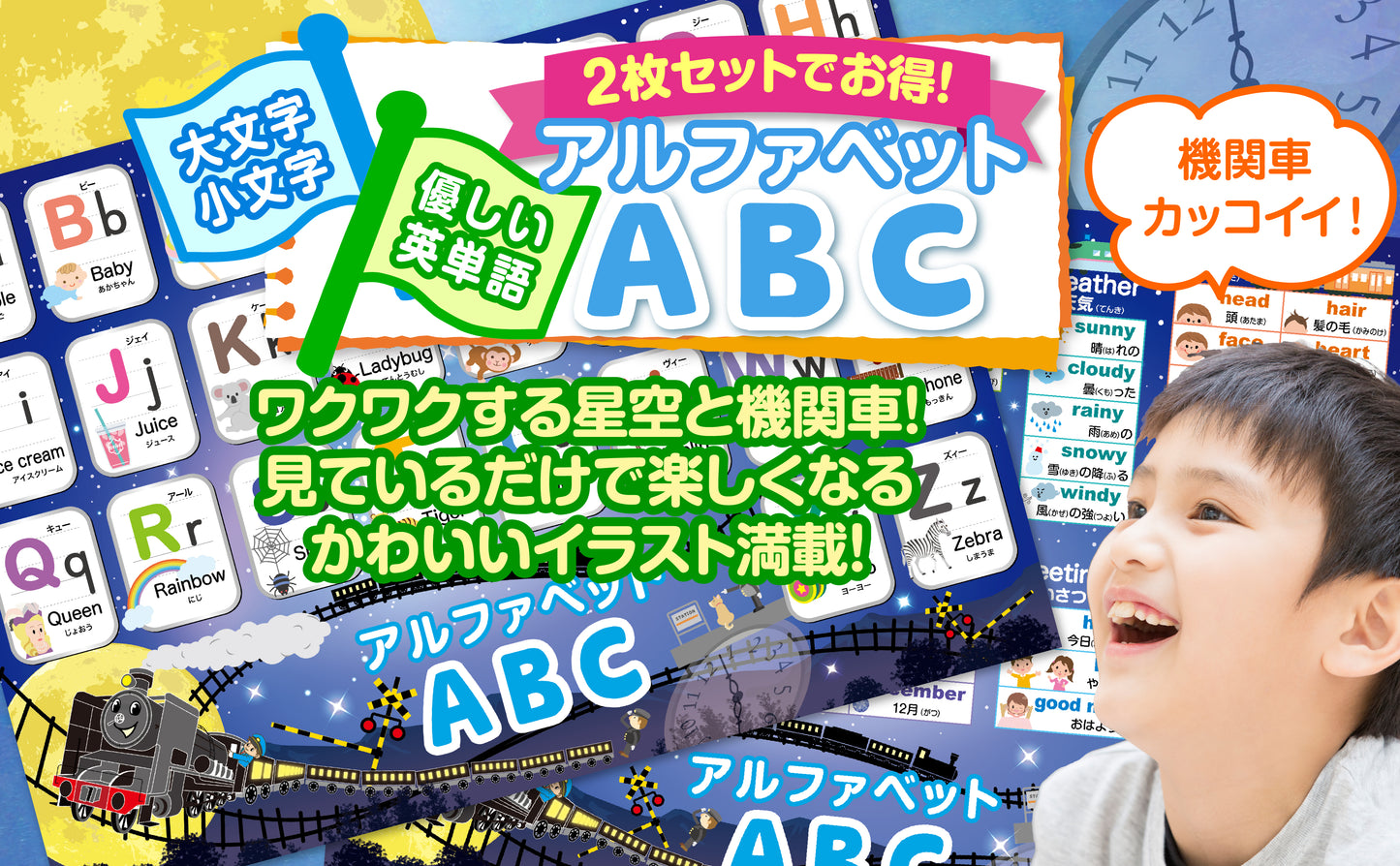 アルファベット表 お風呂ポスター 2枚セット 銀河鉄道デザイン