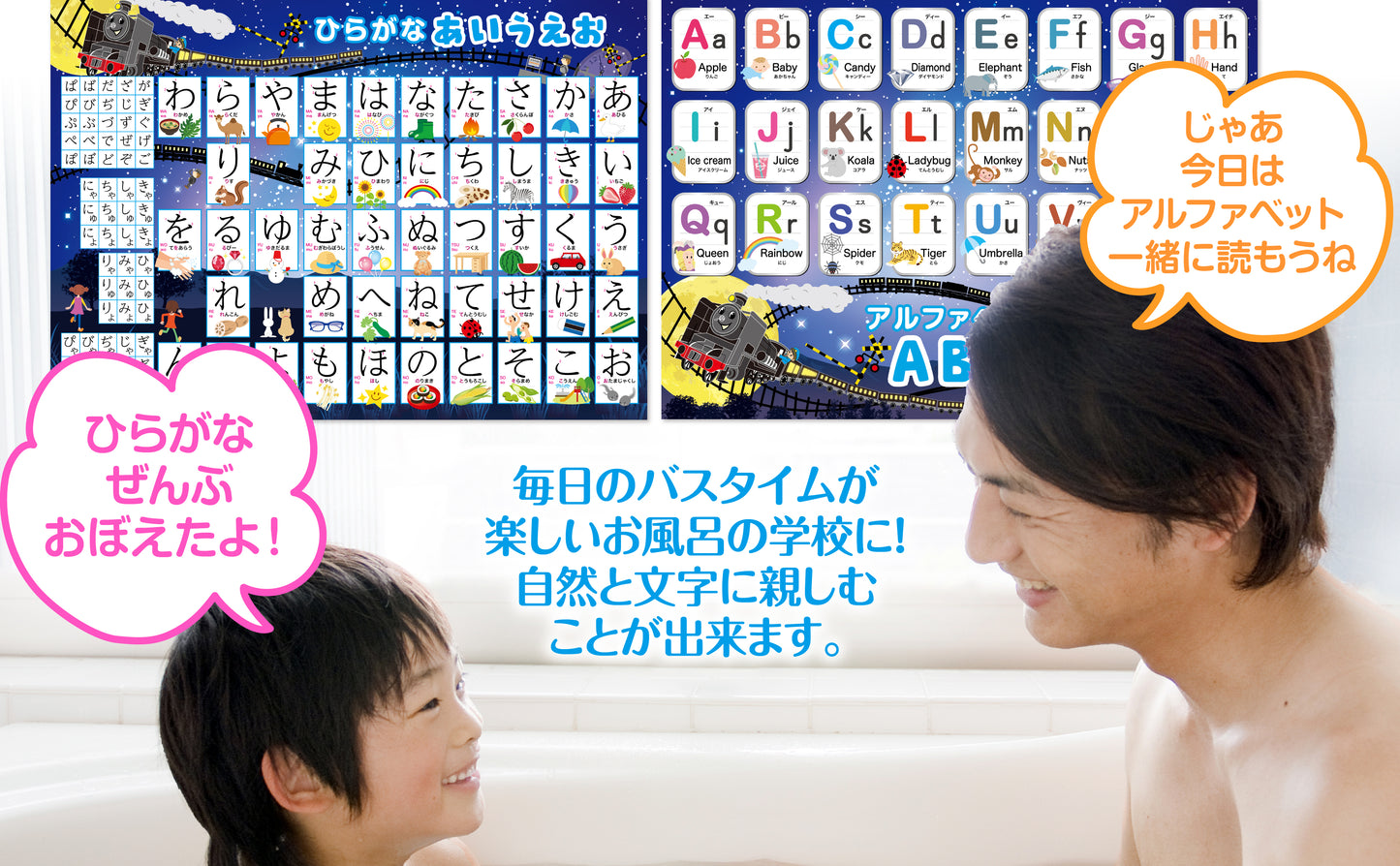 ひらがな&カタカナ&アルファベット お風呂ポスター 4枚セット 銀河鉄道デザイン