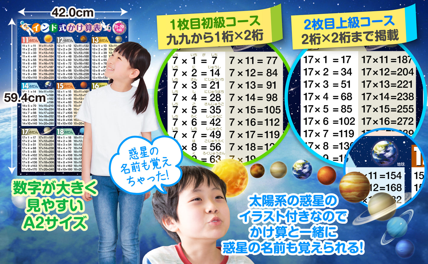 インド式かけ算表 1〜9の段&11〜19の段 お風呂ポスター2枚セット(宇宙デザイン)