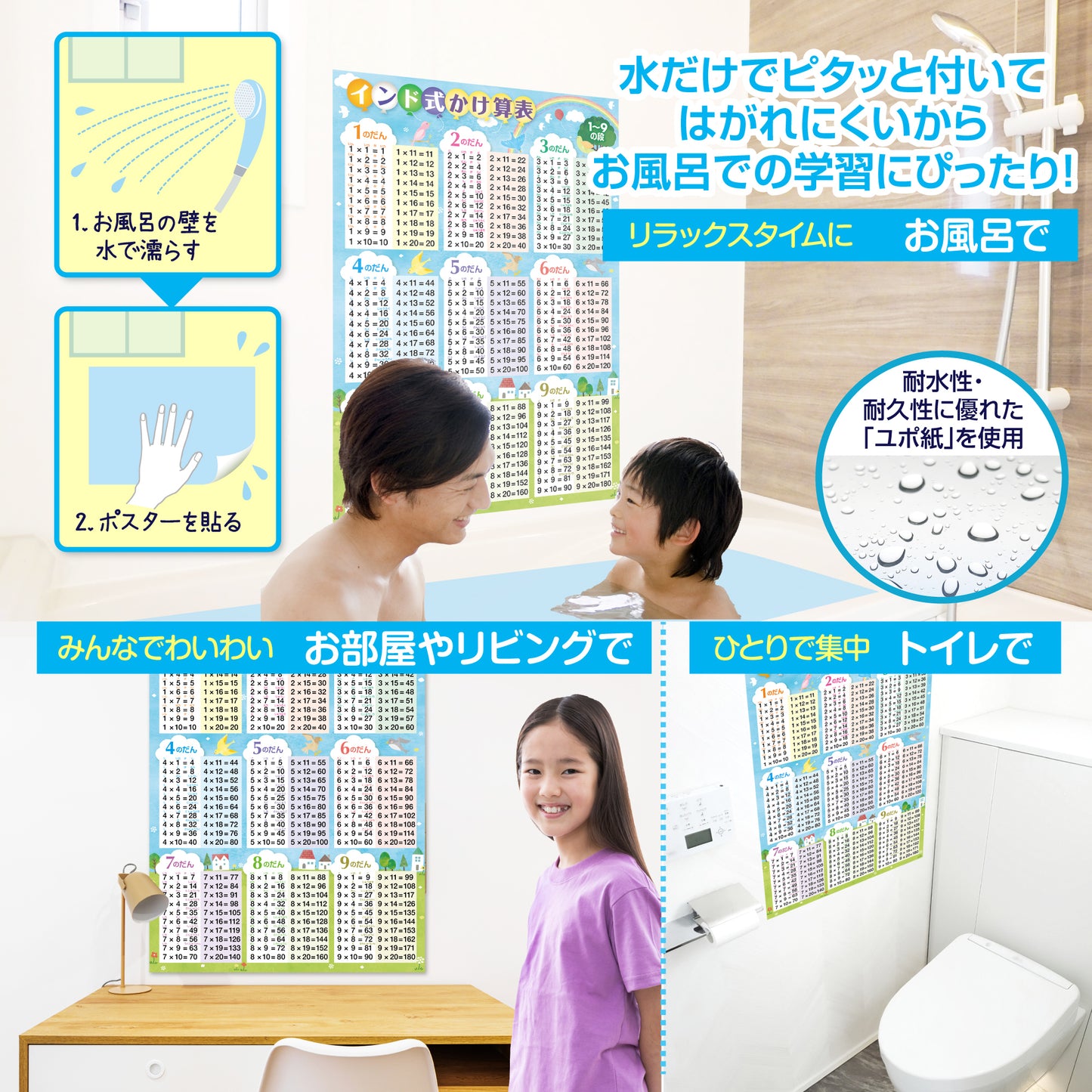 インド式かけ算表 1〜9の段 お風呂ポスター(青空デザイン)