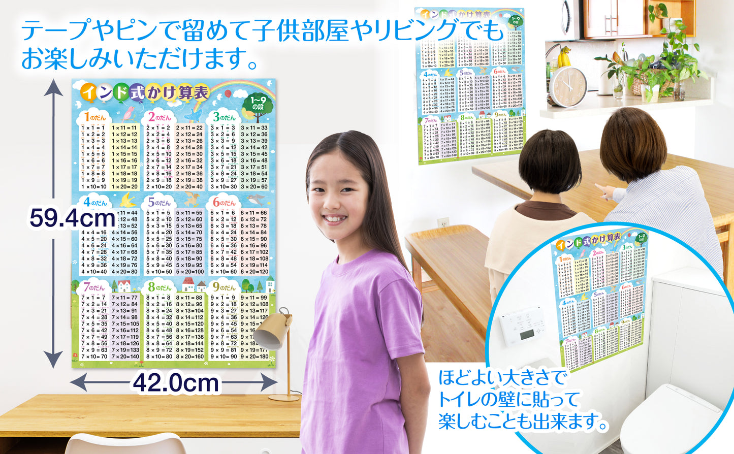 インド式かけ算表 1〜9の段 お風呂ポスター(青空デザイン)