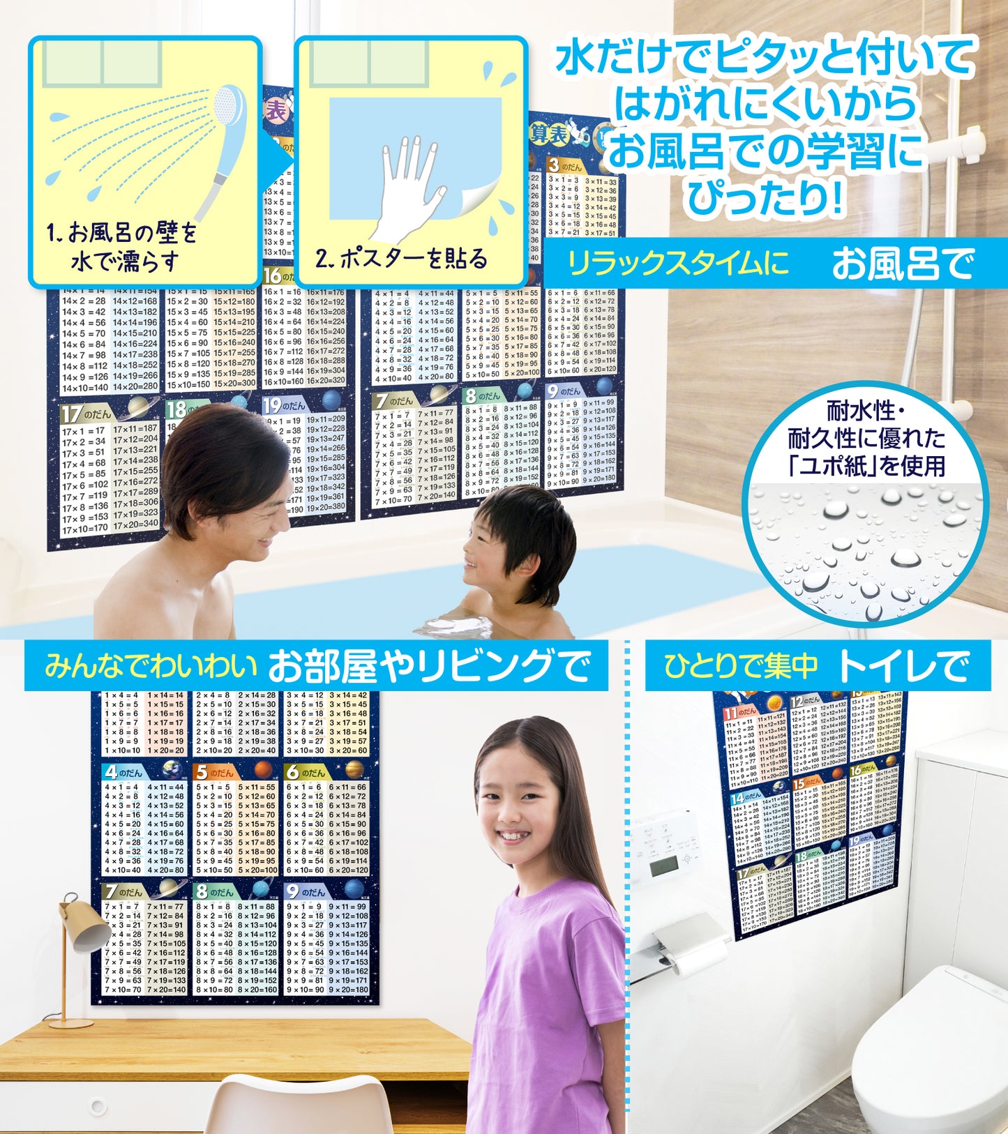インド式かけ算表 1〜9の段&11〜19の段 お風呂ポスター2枚セット(宇宙デザイン)