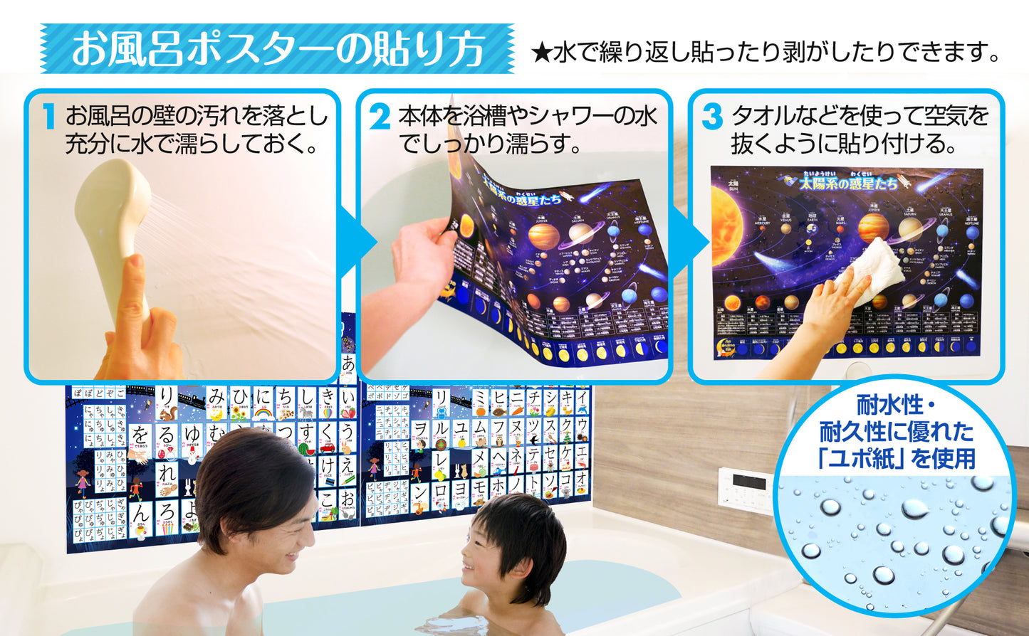 ひらがな&カタカナ&アルファベット お風呂ポスター 4枚セット 銀河鉄道デザイン