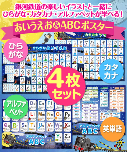 ひらがな&カタカナ&アルファベット お風呂ポスター 4枚セット 銀河鉄道デザイン