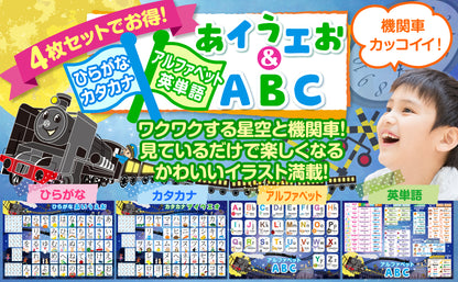 ひらがな&カタカナ&アルファベット お風呂ポスター 4枚セット 銀河鉄道デザイン