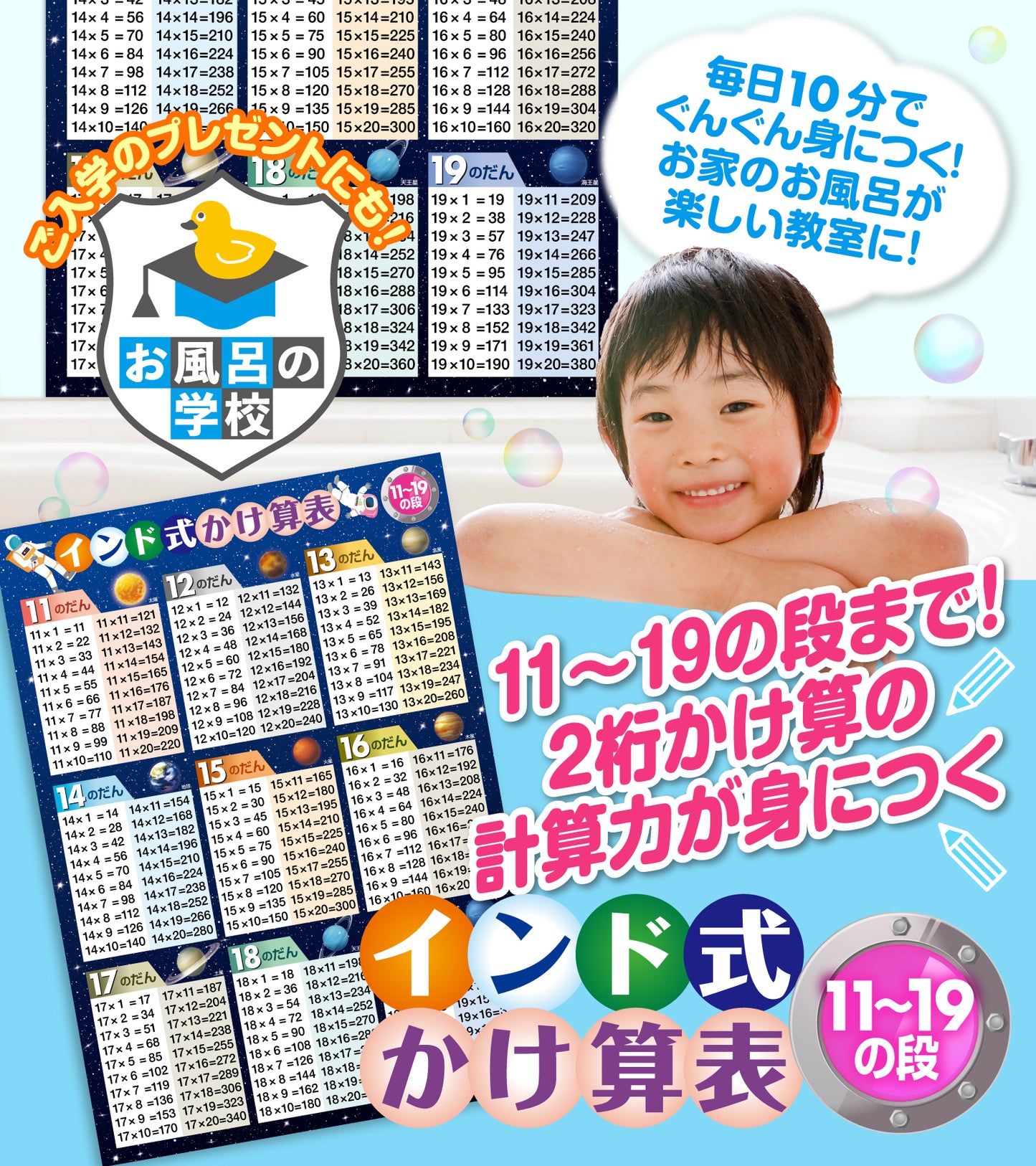 インド式かけ算表 11〜19の段 お風呂ポスター（宇宙デザイン）