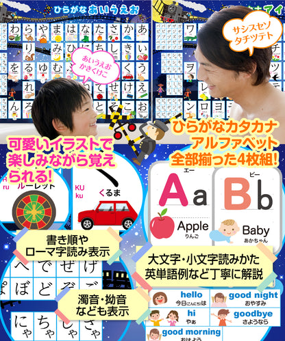 ひらがな&カタカナ&アルファベット お風呂ポスター 4枚セット 銀河鉄道デザイン