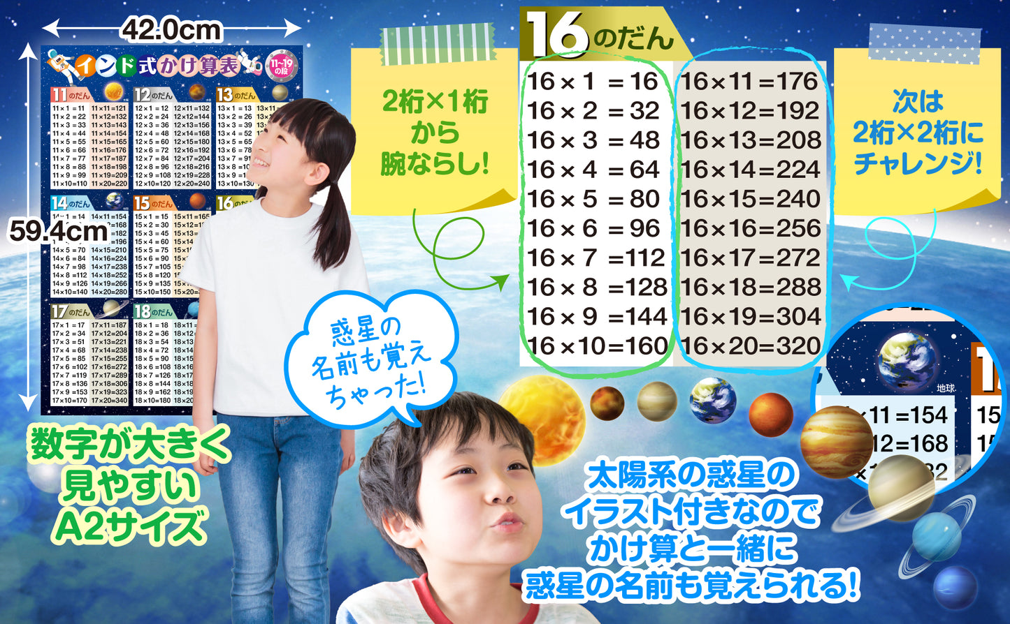 インド式かけ算表 11〜19の段 お風呂ポスター（宇宙デザイン）
