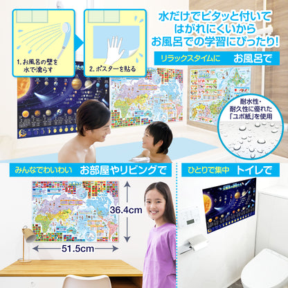 日本地図＆世界地図＆宇宙地図（太陽系）お風呂ポスター 3枚セット