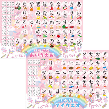 ひらがなとカタカナ お風呂ポスター 2枚セット ユニコーンデザイン